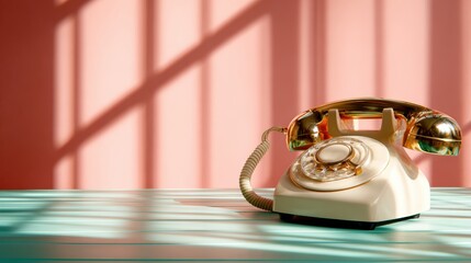This charming vintage telephone sits on a teal surface, against a soft pink wall, creating a nostalgic atmosphere reminiscent of classic mid-20th century decor.