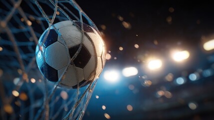Soccer ball scoring a goal inside the net at night