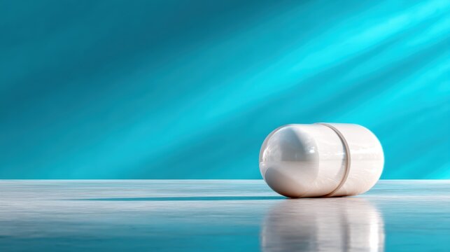 A clean, white pill resting on a smooth blue surface, emphasizing modern health solutions and the concept of wellness, reflecting alluring simplicity in medicinal design.
