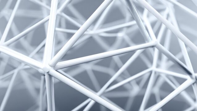 Close-up of a white 3D wireframe structure made from interconnected rods forming triangular shapes. Concept 3D wireframe sculpture, geometric triangles, white structure, close-up detail