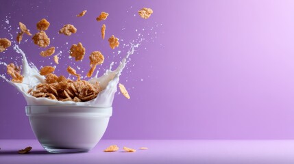 An exciting splash of cereal flakes falling into a bowl of milk creates a dynamic and engaging moment, illustrating a delightful breakfast scenario.