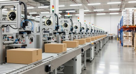 Naklejka premium Automated Packaging Line - Cardboard Boxes on Conveyor Belt.