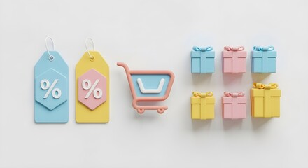 Pastel shopping cart, gift boxes, and discount tags on a white background.