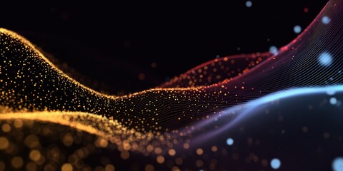 Abstract image of flowing, undulating waves of light and particles with a dark background