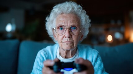 A focus-driven elderly woman is immersed in a video game, showcasing an unexpected fusion of age and modern technology, highlighting passion and determination in leisure activities.