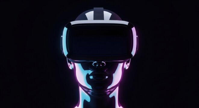 Futuristic VR Headset on a Metallic Mannequin Head in Neon Lighting.