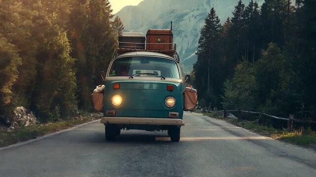 vintage van with luggage on roof rack driving on mountain road during golden hour.