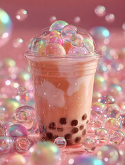 A vibrant, colorful bubble tea with dark tapioca pearls and a straw stands amidst iridescent bubbles and shimmering liquid, all set against a soft, bokeh-filled pink background