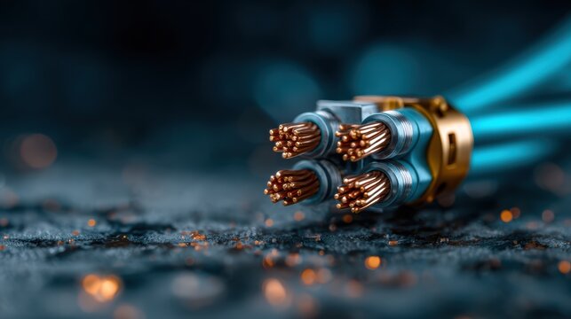 This close-up image showcases copper cable connections, representing technology and innovation in a modern design, emphasizing precision and craftsmanship in electrical components.