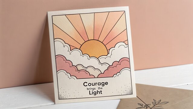 Sunrise illustration on card with motivational courage message