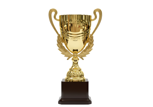 Elegant golden trophy award on wooden base, symbolizing success