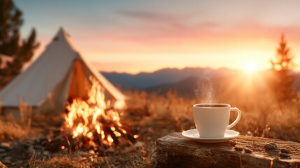 A serene composition featuring a steaming cup of coffee placed on a rustic log, with a warm campfire and sunset creating a cozy outdoor atmosphere in the background.