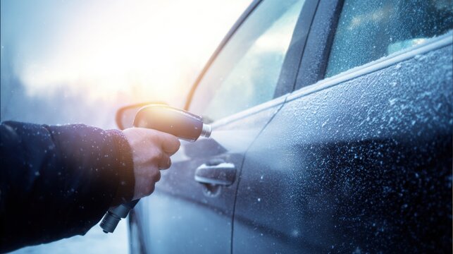 clean winter scene, driver warming frozen car lock with de icer spray, soft cold tones, minimalistic close up, bright frosty air