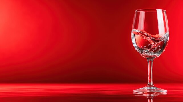 A dynamic image capturing a glass of water in mid-splash, emphasizing the fluid motion and clarity of the water against a striking red background for dramatic effect.
