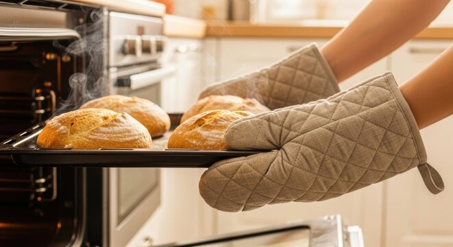 Take freshly baked bread out of the oven