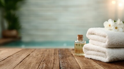 Soft white towels stacked neatly beside a tranquil setting with aromatic oil and a flower, representing relaxation and self-care by a serene poolside atmosphere.