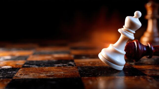 A fallen white king chess piece lies dramatically on a dark chessboard. The contrasting colors evoke strategic battles and intense competition in the game of chess.