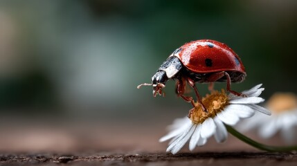 A vibrant ladybug perched on a blooming flower, adorned with droplets of water, illustrating the beauty of nature and the delicate intricacies of life forms.