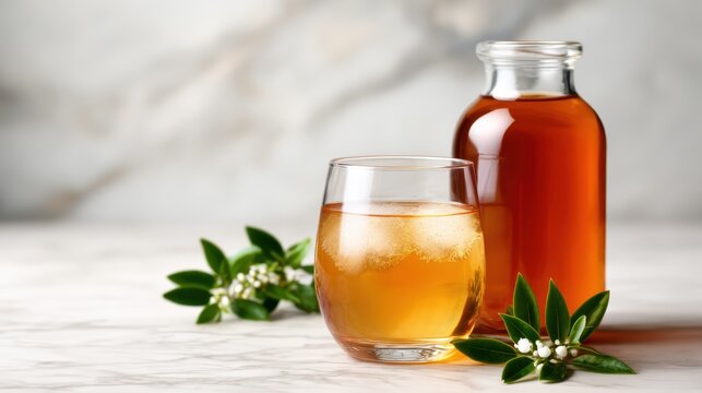A glass and bottle of amber liquid sit on a marble surface, surrounded by fresh leaves, suggesting a refreshing drink that appeals to nature enthusiasts and health-conscious individuals.