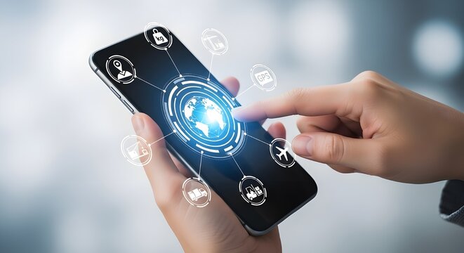 Hand using smartphone displaying global business communication and digital network interface icons.