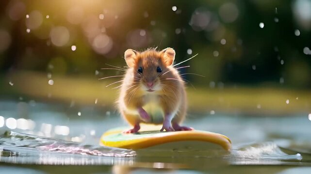 A closeup of a hamster on a yellow object, set against a blurred background with bokeh effects. The hamster is the main subject.