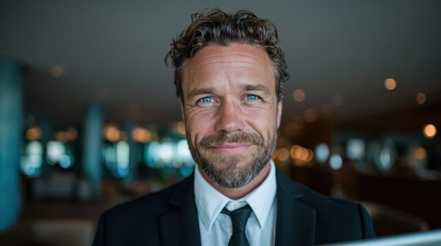 A handsome man with a beard and stylish attire grins confidently in a sophisticated setting, portraying success and confidence in a contemporary environment.