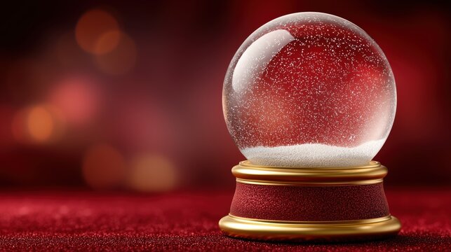 Christmas snow globe with swirling snow on a red festive background. Elegant holiday banner with copy space for text, greeting card, promotions, and seasonal designs