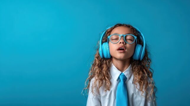 A young girl lost in her own world, wearing oversized headphones and a joyful expression, capturing the essence of music's emotional power and its ability to bring happiness.
