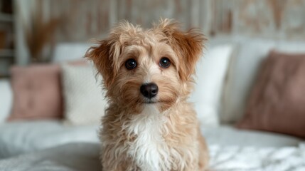 This cute small dog with golden curly fur poses adorably, showcasing its big, expressive eyes, perfect for capturing the warmth and love of pets in a homely setting.