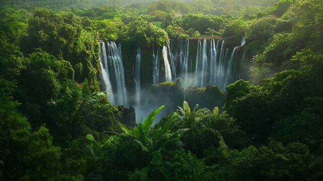 Aerial view of a lush, tropical rainforest with a waterfall in the foreground and mountains in the background. The scene is bathed in natural light.