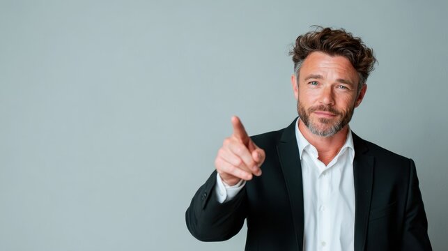 A confident man in a formal suit points towards the camera with a friendly smile, portraying professionalism and approachability in a business or personal context.