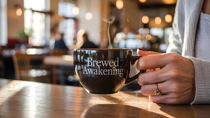 A persons hands gently hold a steaming black coffee mug with brewed awakening text, enjoying a warm drink in a cozy, sunlit cafe