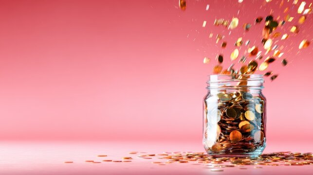 An engaging image capturing the moment coins cascade into a clear glass jar, perfectly contrasted by a vibrant pink background, symbolizing wealth and savings.