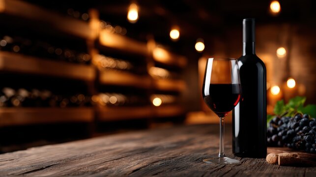 An elegant setup featuring a bottle of red wine and a glass alongside fresh grapes, evoking feelings of sophistication, relaxation, and indulgence.