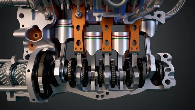 3D engine block with rotating pistons and intricate parts in smooth motion.