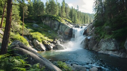 A powerful waterfall flows over rugged rocks into a clear pool, nestled within a dense evergreen forest on a sunny day