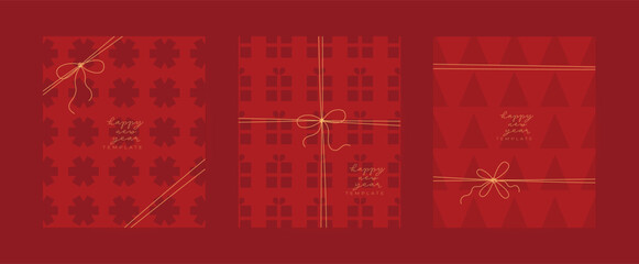 Happy new year, Merry Christmas gift box with simple pattern, golden know, bow. Cute vector template for holiday card, poster, banner
