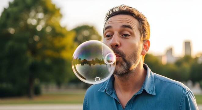 Playful mature man blowing a reflective soap bubble in the park with golden backlighting