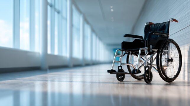 A sleek wheelchair sits in a bright, airy hallway, symbolizing mobility and independence for individuals with disabilities in healthcare or rehabilitation settings. - Powered by Adobe