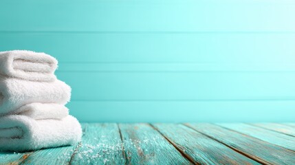 An aesthetically arranged stack of clean white towels set against a soft teal background, promoting a feeling of relaxation and cleanliness, perfect for spa and wellness imagery.