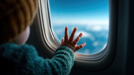 A child's hand touches the airplane window, creating a heartfelt moment of wonder and adventure as they gaze out at the beautiful blue sky and fluffy clouds.