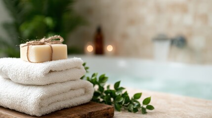 A serene arrangement of fluffy towels and a natural soap bar, embodying relaxation and self-care in a tranquil spa setting, perfect for highlighting wellness and pampering experiences.