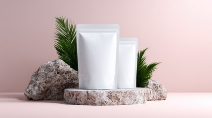 A clean, minimalistic product display featuring white packaging against a soft pink background, complemented by lush green leaves, creating an appealing aesthetic for marketing.