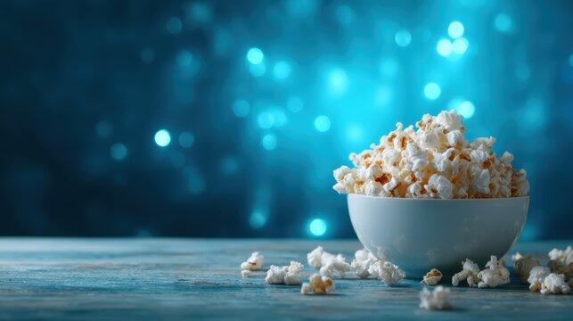 A large white bowl filled with fluffy popcorn against a dreamy bokeh background, creating a cozy and inviting atmosphere perfect for movie nights and snacks lovers alike.