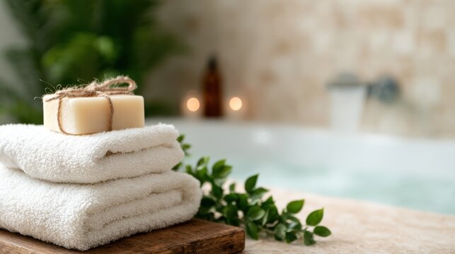 A serene arrangement of fluffy towels and a natural soap bar, embodying relaxation and self-care in a tranquil spa setting, perfect for highlighting wellness and pampering experiences.