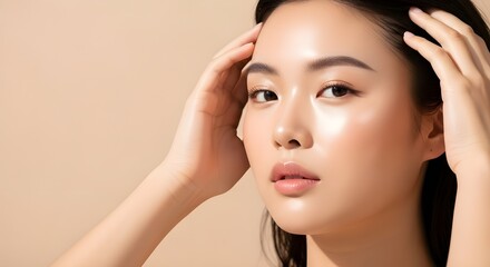 Beautiful Young Asian Woman Portrait Close-up with Glowing Healthy Hydrated Skin