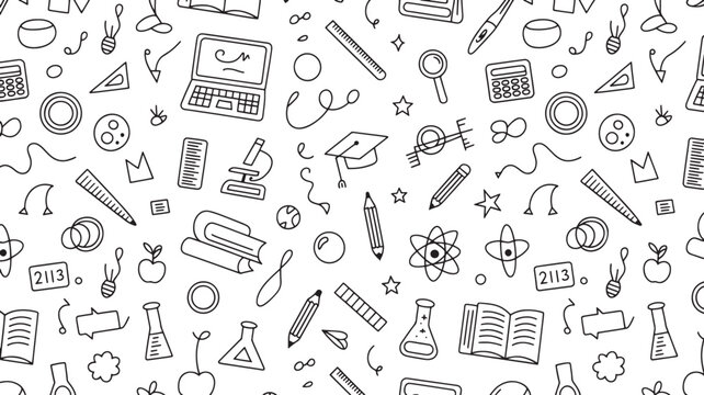 Seamless pattern of hand drawn black and white education and science doodle icons on
