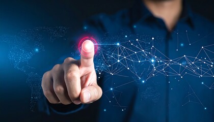 Innovative businessman touching global network for future technology solutions, connecting the world and driving digital transformation with smart systems