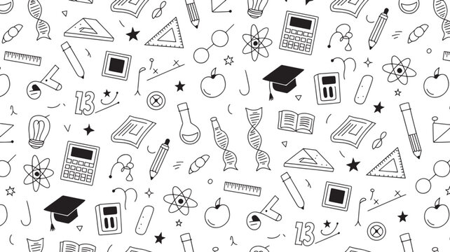 Seamless pattern of black and white handdrawn doodle icons related to education, science, and school subjects