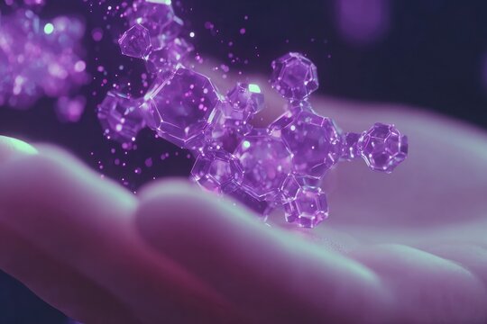 Floating purple crystals sparkle above an open hand, radiating mystical aura